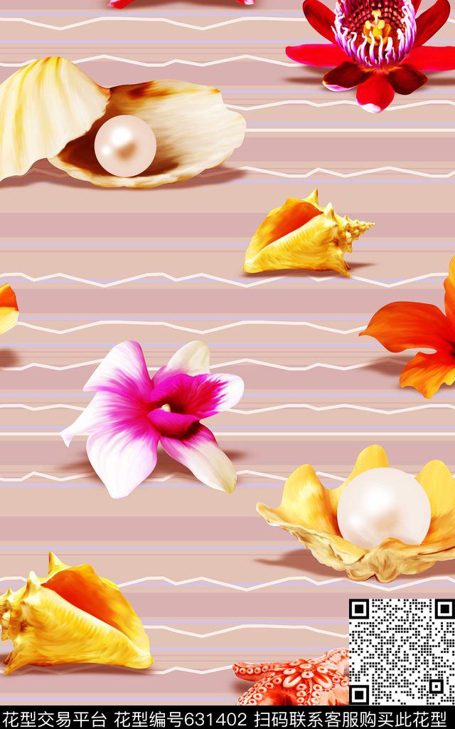 小清新珍珠贝花朵数码印花华亿平台下载（图片编号: 631402） - 瓦栏（Walan）