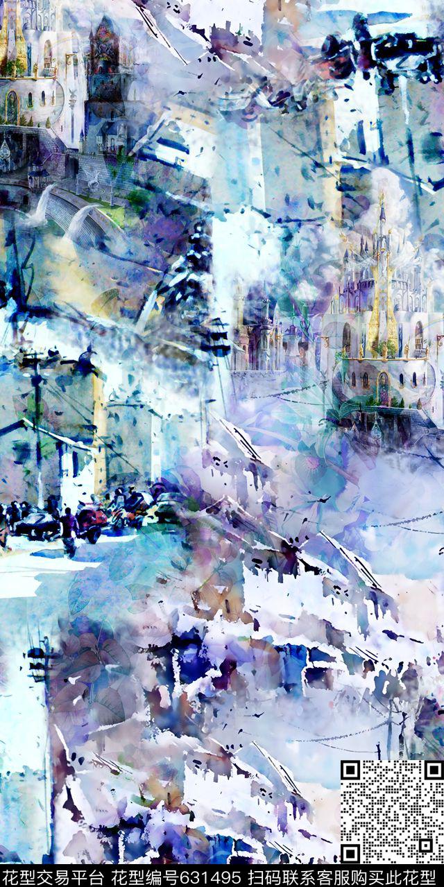 建筑肌理水彩花卉数码印花华亿平台下载（图片编号: 631495） - 瓦栏（Walan）