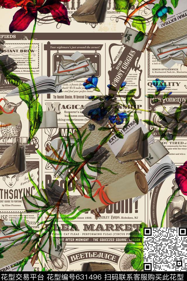 花卉欧美复古报纸书籍数码印花华亿平台下载（图片编号: 631496） - 瓦栏（Walan）