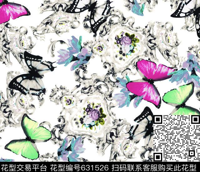 蝴蝶乱花传统印花华亿平台下载（图片编号: 631526） - 瓦栏（Walan）