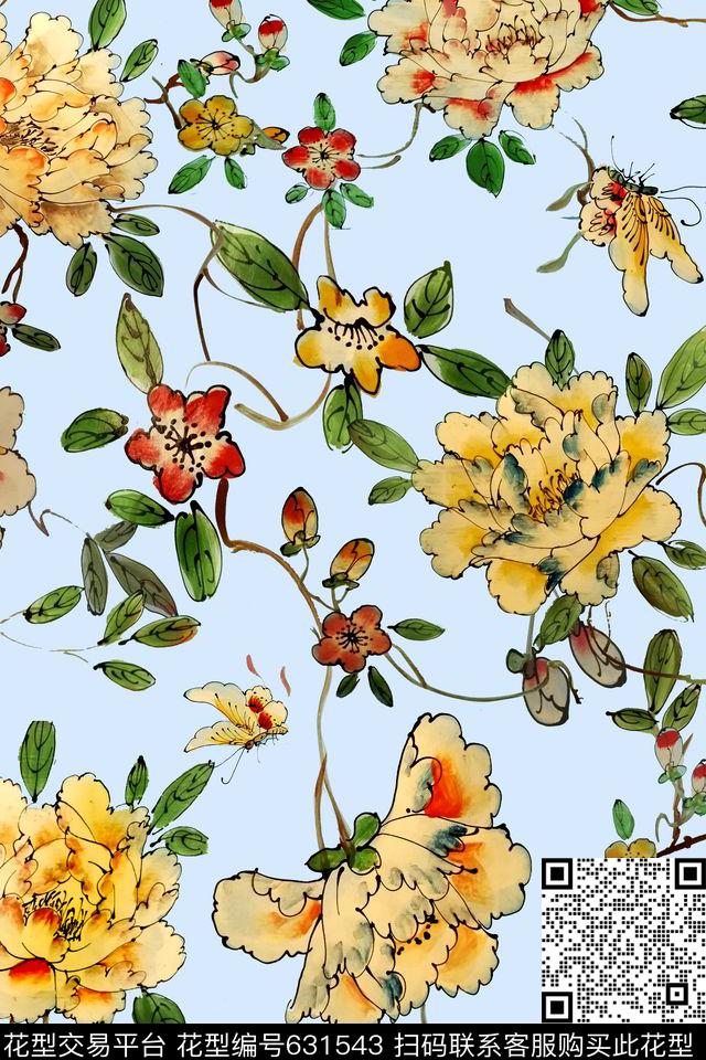 勾线花卉清爽底色花数码印花华亿平台下载（图片编号: 631543） - 瓦栏（Walan）