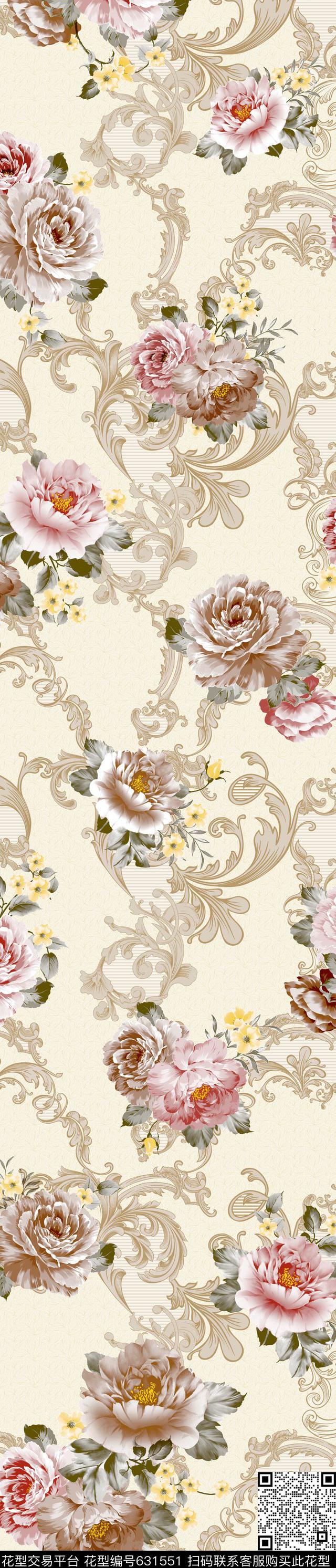 牡丹玫瑰花朵传统印花华亿平台下载（图片编号: 631551） - 瓦栏（Walan）