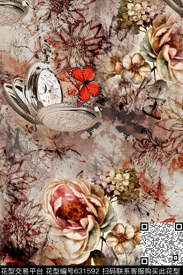 玫瑰花卉与几何图形组合数码印花华亿平台下载（图片编号: 631592） - 瓦栏（Walan）