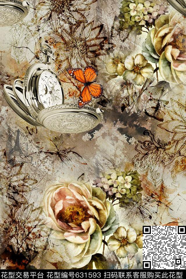 玫瑰花卉与几何图形组合数码印花华亿平台下载（图片编号: 631593） - 瓦栏（Walan）