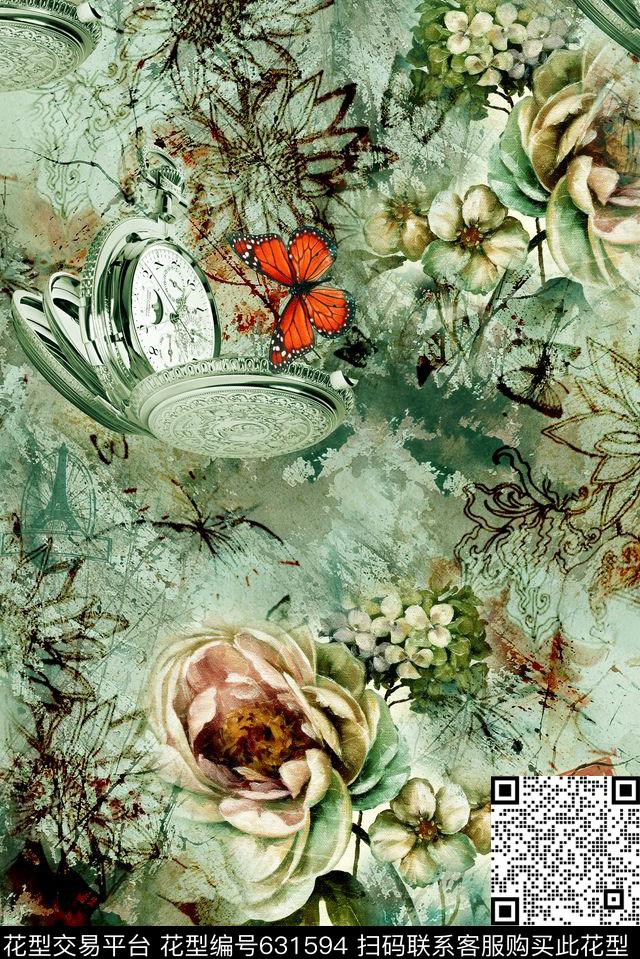 玫瑰花卉与几何图形组合数码印花华亿平台下载（图片编号: 631594） - 瓦栏（Walan）