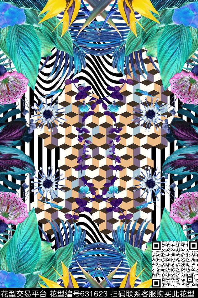 热带风情风景几何数码印花华亿平台下载（图片编号: 631623） - 瓦栏（Walan）