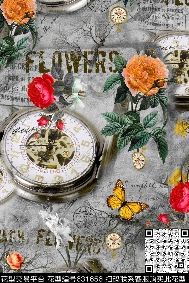 花卉枯枝欧美复古钟表蝴蝶数码印花华亿平台下载（图片编号: 631656） - 瓦栏（Walan）