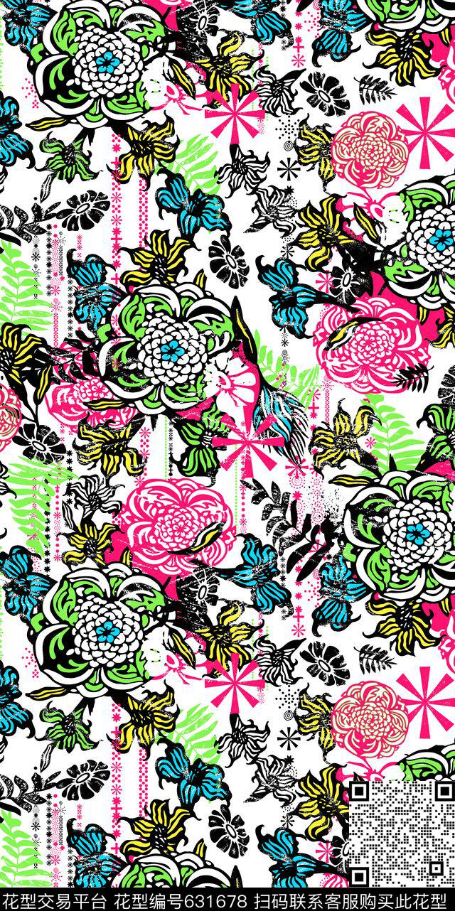 线条花女装花卉传统印花华亿平台下载（图片编号: 631678） - 瓦栏（Walan）