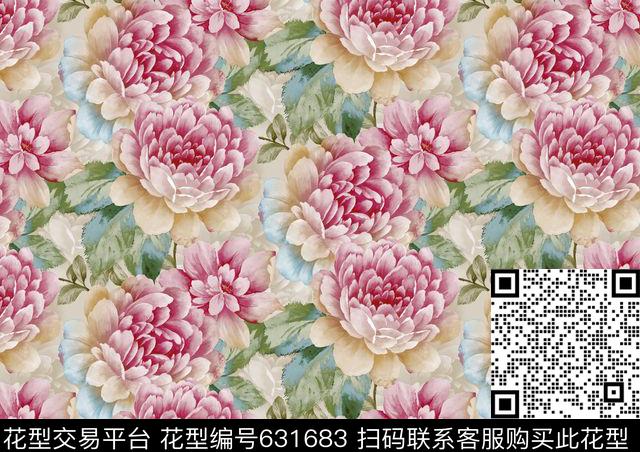 玫瑰牡丹花朵传统印花华亿平台下载（图片编号: 631683） - 瓦栏（Walan）