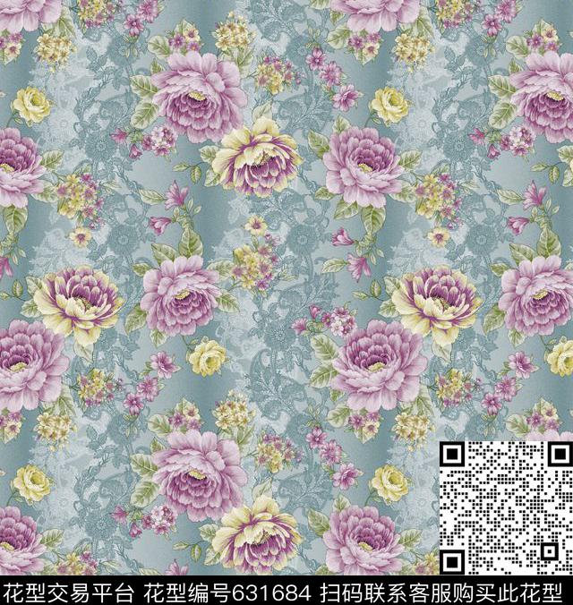 大花牡丹玫瑰传统印花华亿平台下载（图片编号: 631684） - 瓦栏（Walan）