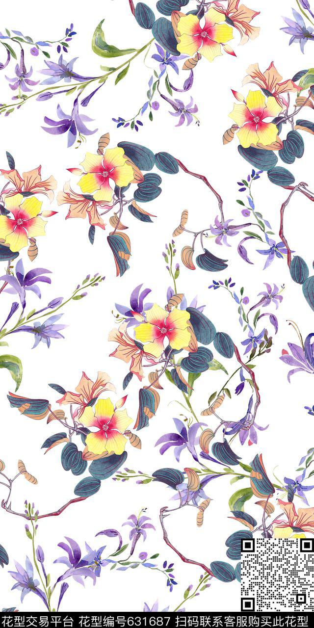 手绘花素雅泳装数码印花华亿平台下载（图片编号: 631687） - 瓦栏（Walan）
