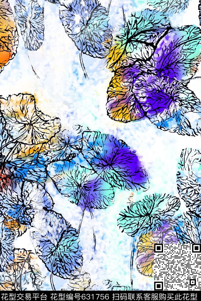 荷叶手绘水墨数码印花华亿平台下载（图片编号: 631756） - 瓦栏（Walan）