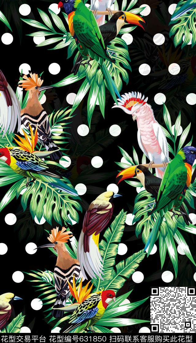 热带雨林棕榈鸟数码印花华亿平台下载（图片编号: 631850） - 瓦栏（Walan）