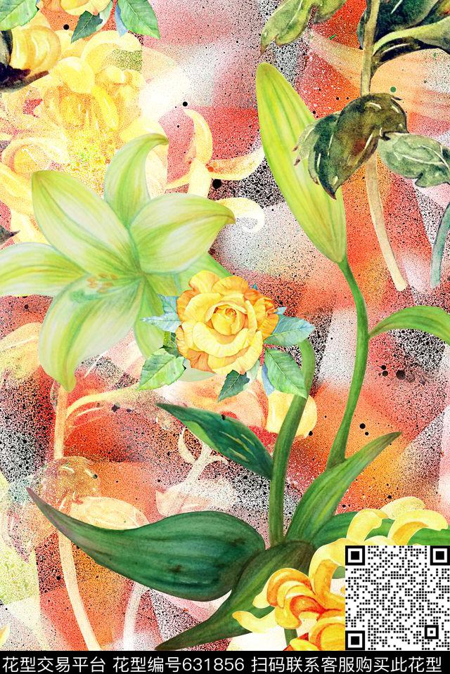 时尚大牌潮流女装裙子植物花卉数码印花时尚手绘菊花水彩画印花手绘抽象几何丝巾印花数码印花华亿平台下载（图片编号: 631856） - 瓦栏（Walan）