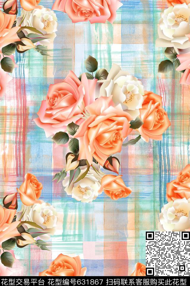 大花花卉格子数码印花华亿平台下载（图片编号: 631867） - 瓦栏（Walan）