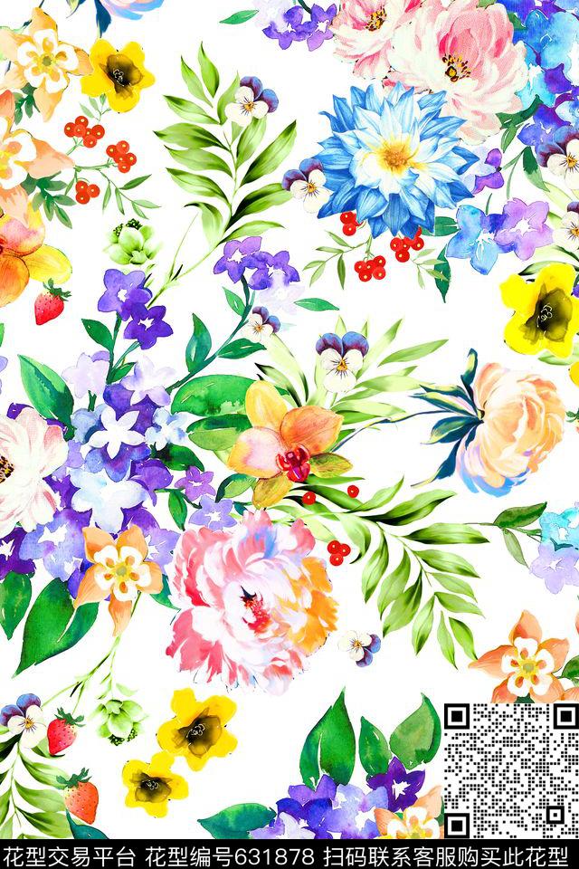 水彩花卉棕榈叶数码印花华亿平台下载（图片编号: 631878） - 瓦栏（Walan）