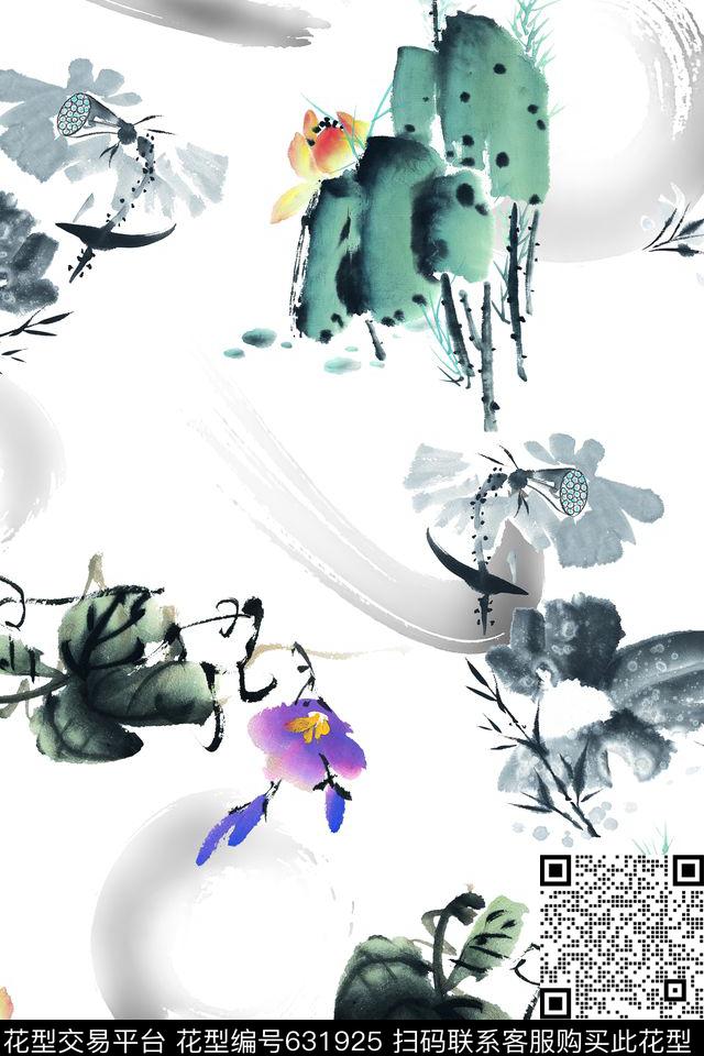 荷花水墨肌理数码印花华亿平台下载（图片编号: 631925） - 瓦栏（Walan）