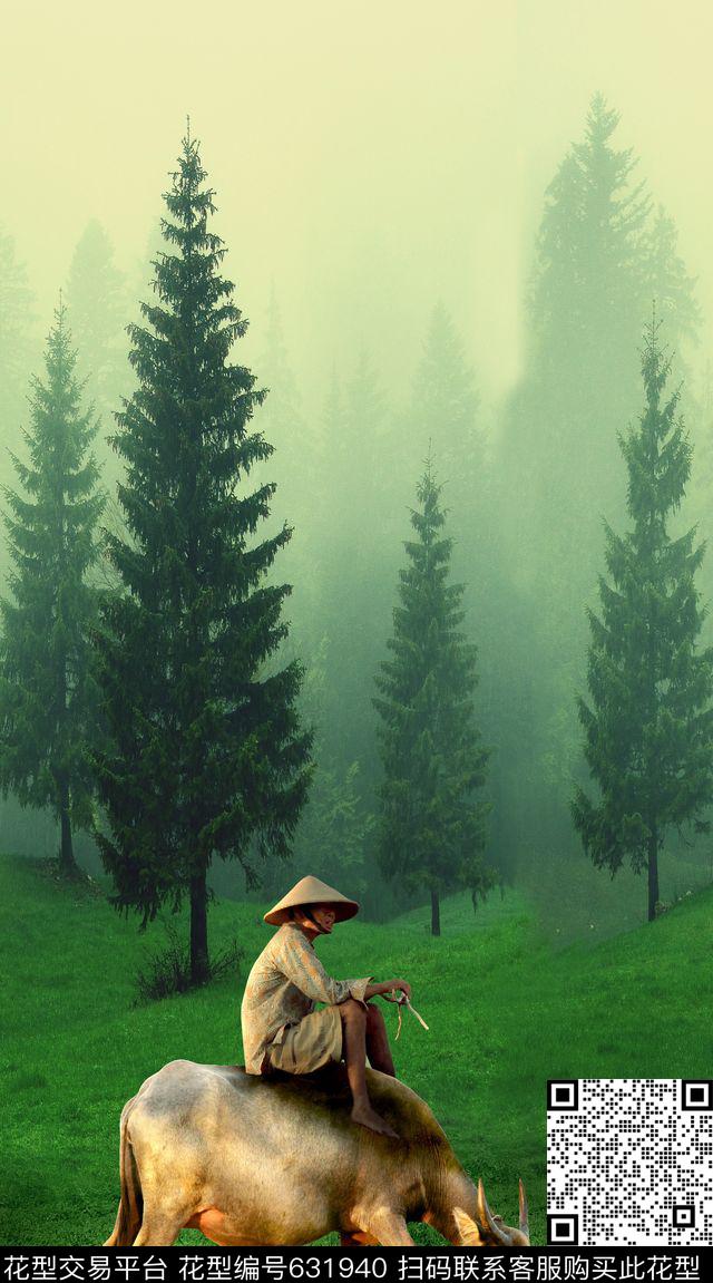松树风景人物数码印花华亿平台下载（图片编号: 631940） - 瓦栏（Walan）