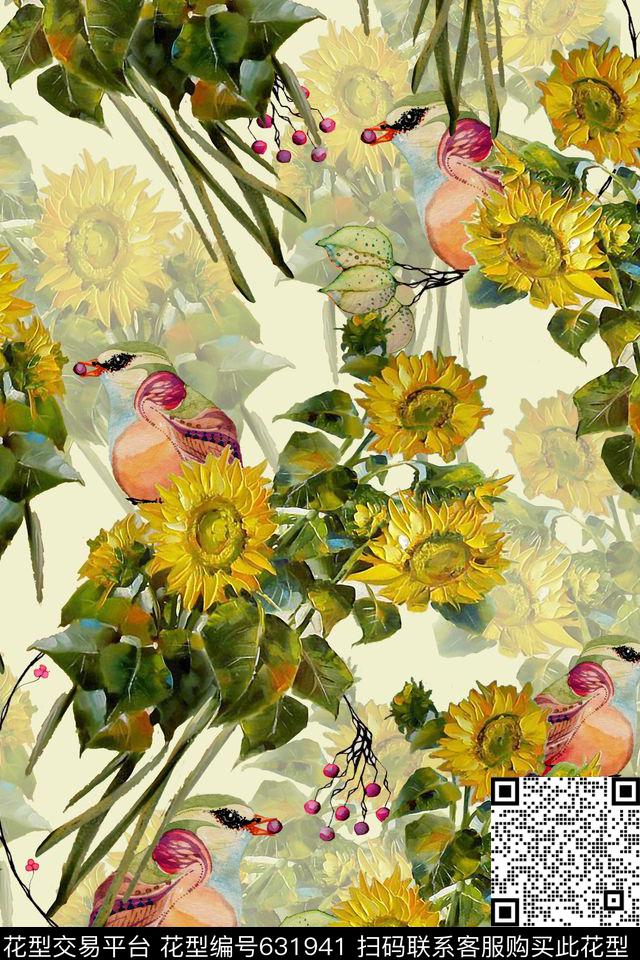 小鸟向日葵数码印花华亿平台下载（图片编号: 631941） - 瓦栏（Walan）
