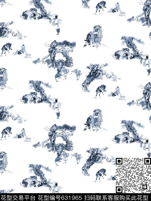 水墨山水风景风景山水画传统印花华亿平台下载（图片编号: 631965） - 瓦栏（Walan）