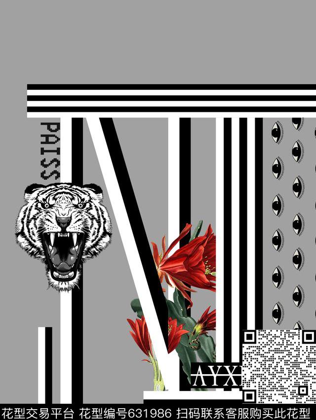 KENZO风格几何线条眼睛仙人掌老虎头卡通数码印花华亿平台下载（图片编号: 631986） - 瓦栏（Walan）