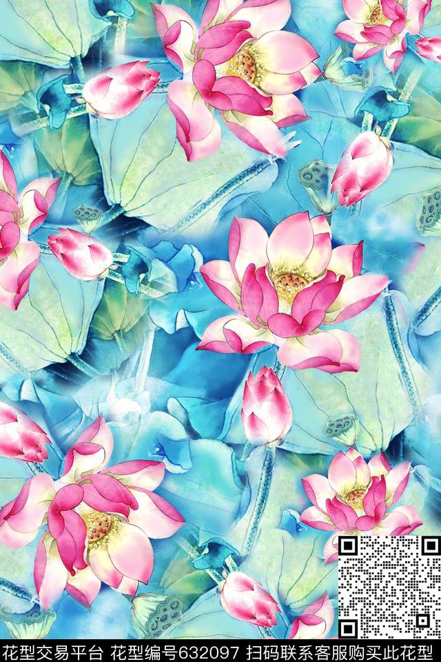 箱包礼品荷花花卉数码印花华亿平台下载（图片编号: 632097） - 瓦栏（Walan）