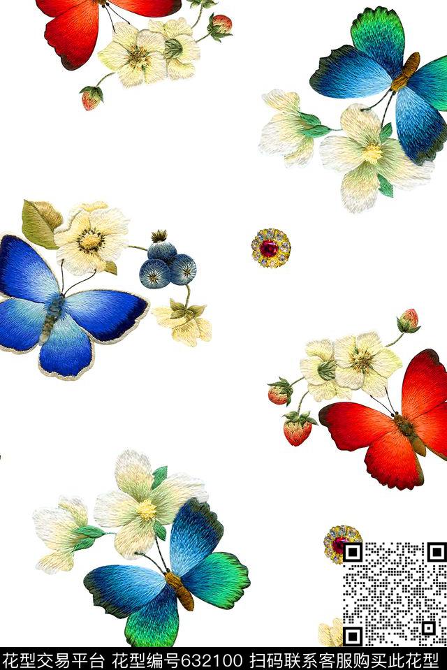 刺绣花卉蝴蝶数码印花华亿平台下载（图片编号: 632100） - 瓦栏（Walan）