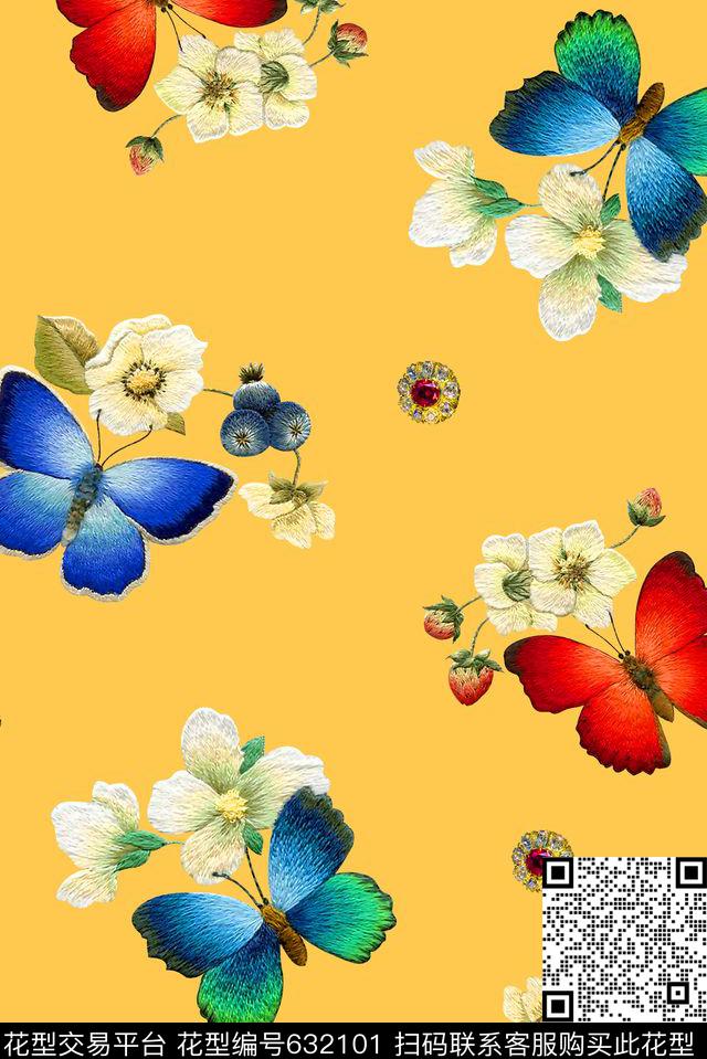 刺绣花卉蝴蝶数码印花华亿平台下载（图片编号: 632101） - 瓦栏（Walan）