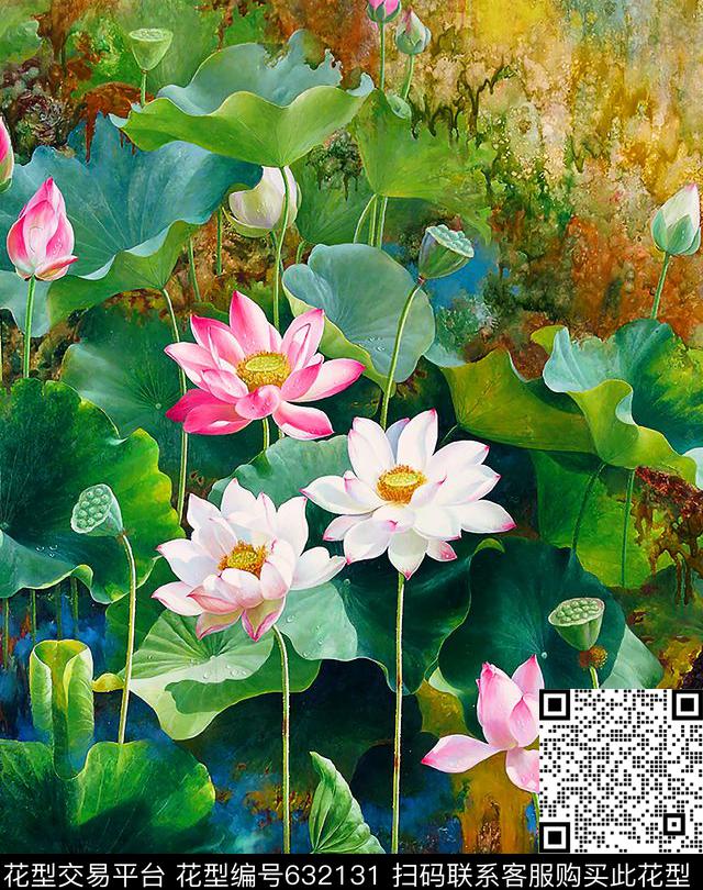 荷花花卉数码印花华亿平台下载（图片编号: 632131） - 瓦栏（Walan）