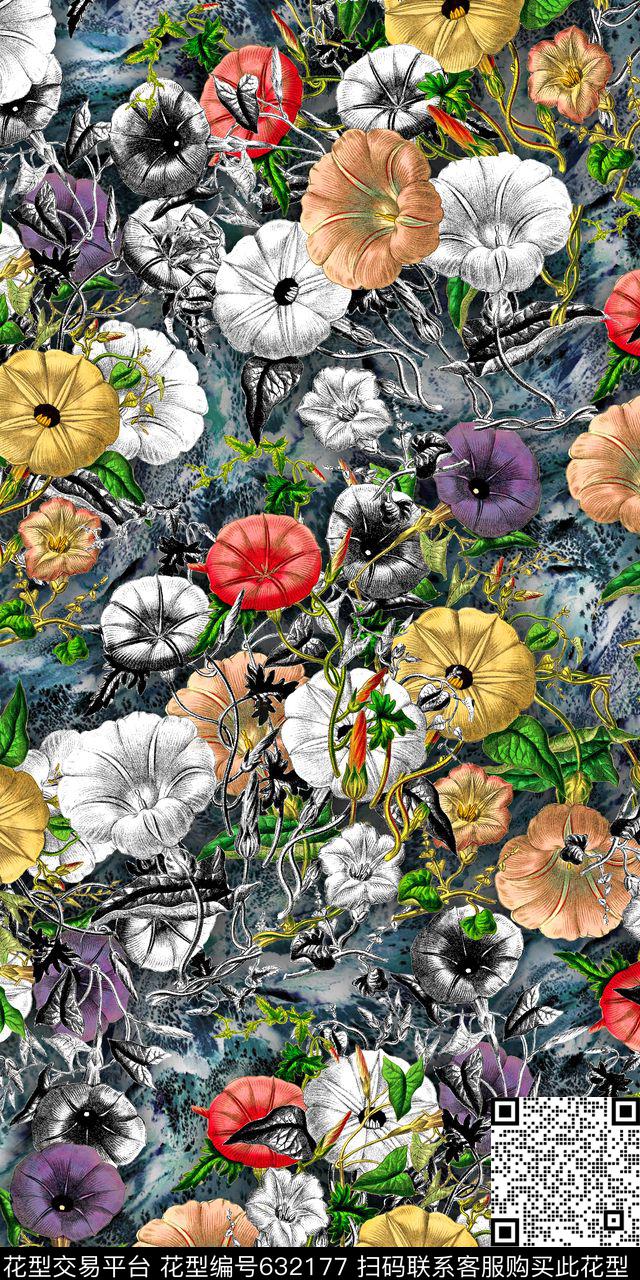 流行时尚牵牛花花卉数码印花华亿平台下载（图片编号: 632177） - 瓦栏（Walan）