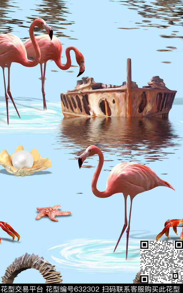小清新可爱火烈鸟数码印花华亿平台下载（图片编号: 632302） - 瓦栏（Walan）