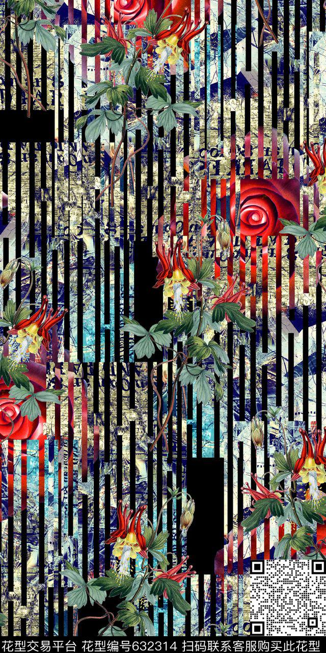几何抽象女装花卉组合数码印花华亿平台下载（图片编号: 632314） - 瓦栏（Walan）