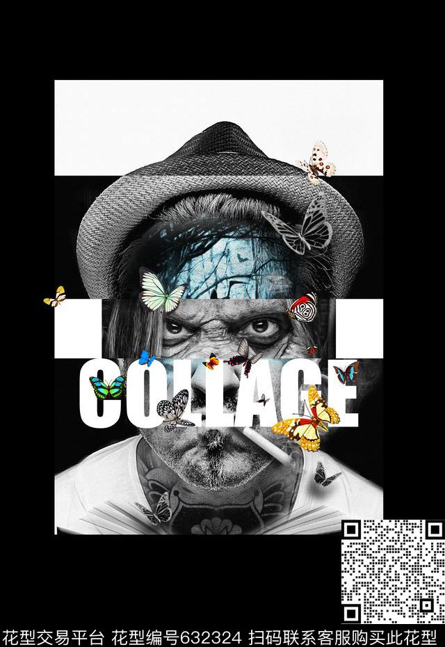 蝴蝶定位花拼贴数码印花个性插画数码印花华亿平台下载（图片编号: 632324） - 瓦栏（Walan）