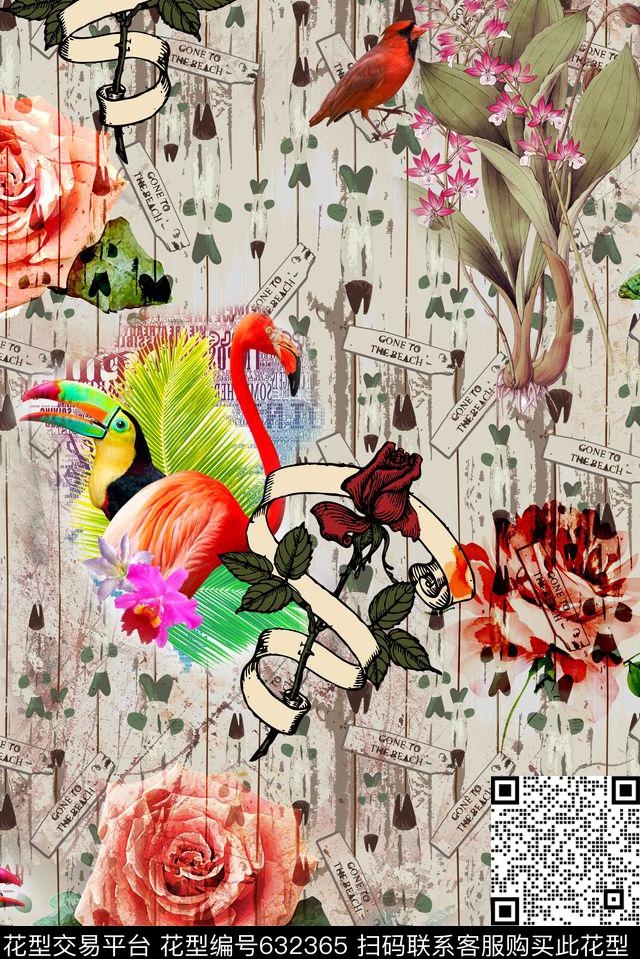 花卉花鸟组合数码印花华亿平台下载（图片编号: 632365） - 瓦栏（Walan）