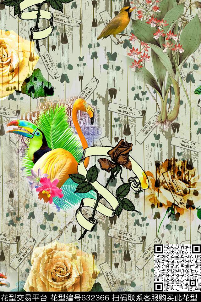 花卉花鸟组合数码印花华亿平台下载（图片编号: 632366） - 瓦栏（Walan）