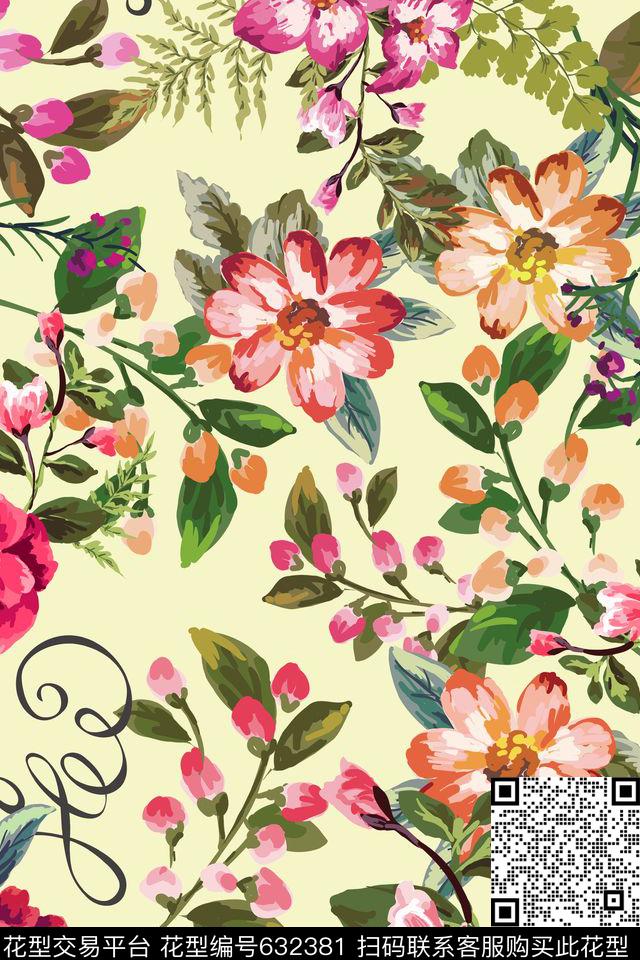 大花花朵花卉传统印花华亿平台下载（图片编号: 632381） - 瓦栏（Walan）