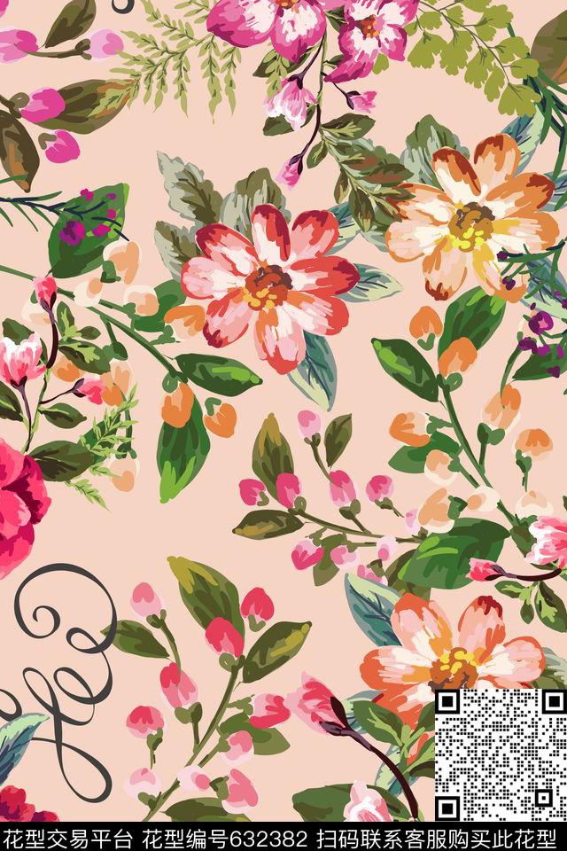 大花花朵花卉传统印花华亿平台下载（图片编号: 632382） - 瓦栏（Walan）
