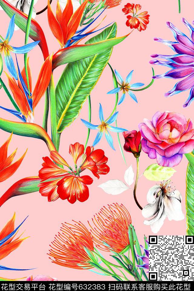 手绘水彩女装泳装天堂鸟花数码印花华亿平台下载（图片编号: 632383） - 瓦栏（Walan）