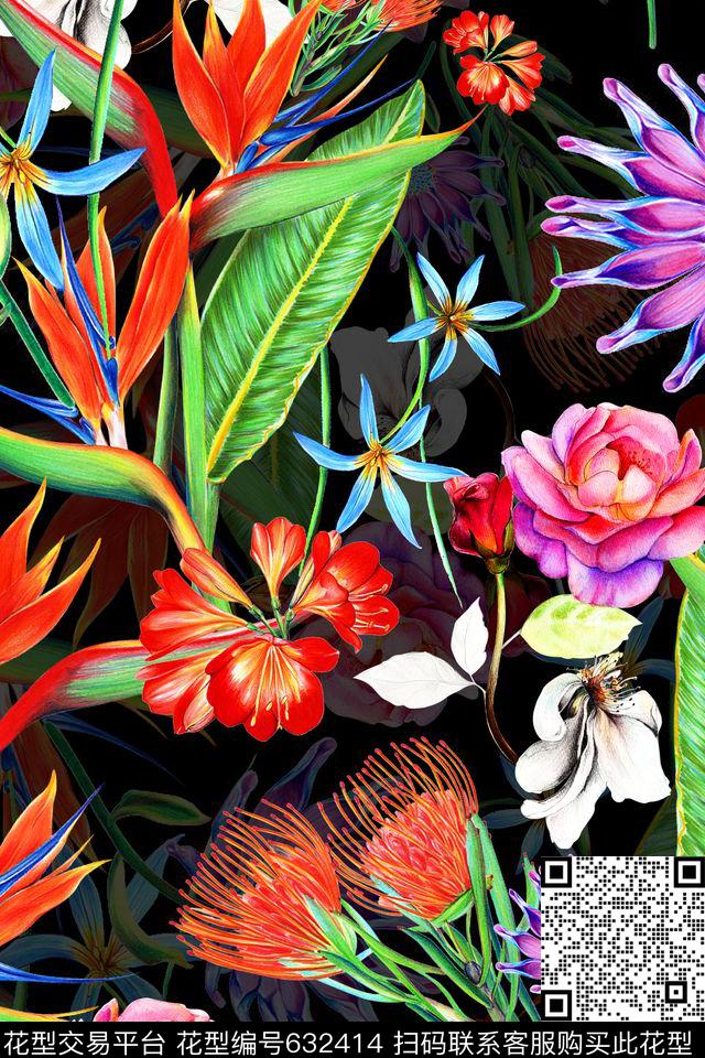 手绘水彩女装泳装天堂鸟花数码印花华亿平台下载（图片编号: 632414） - 瓦栏（Walan）