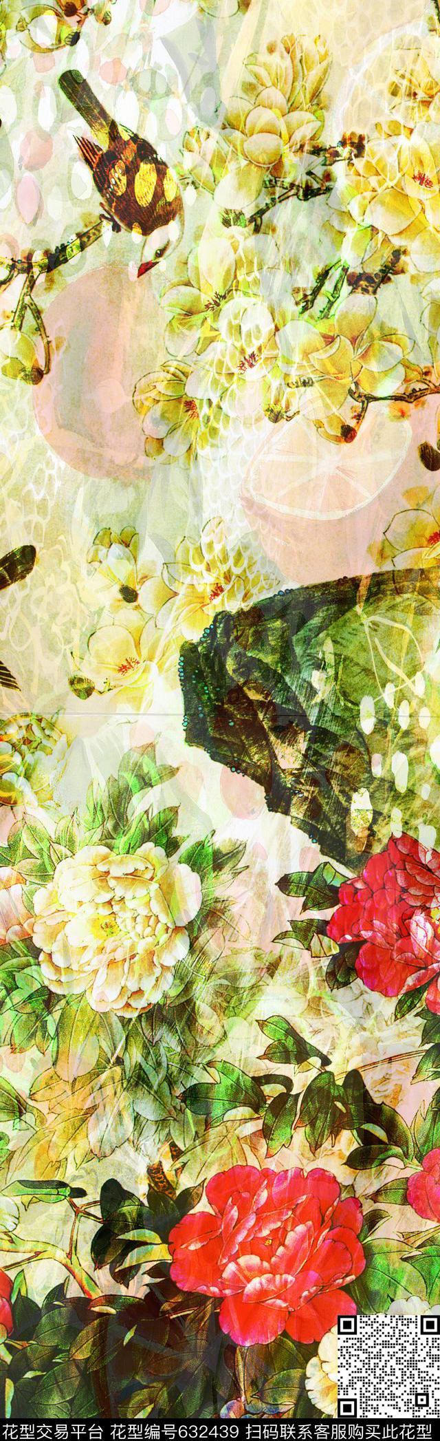长巾图案大花牡丹数码印花华亿平台下载（图片编号: 632439） - 瓦栏（Walan）