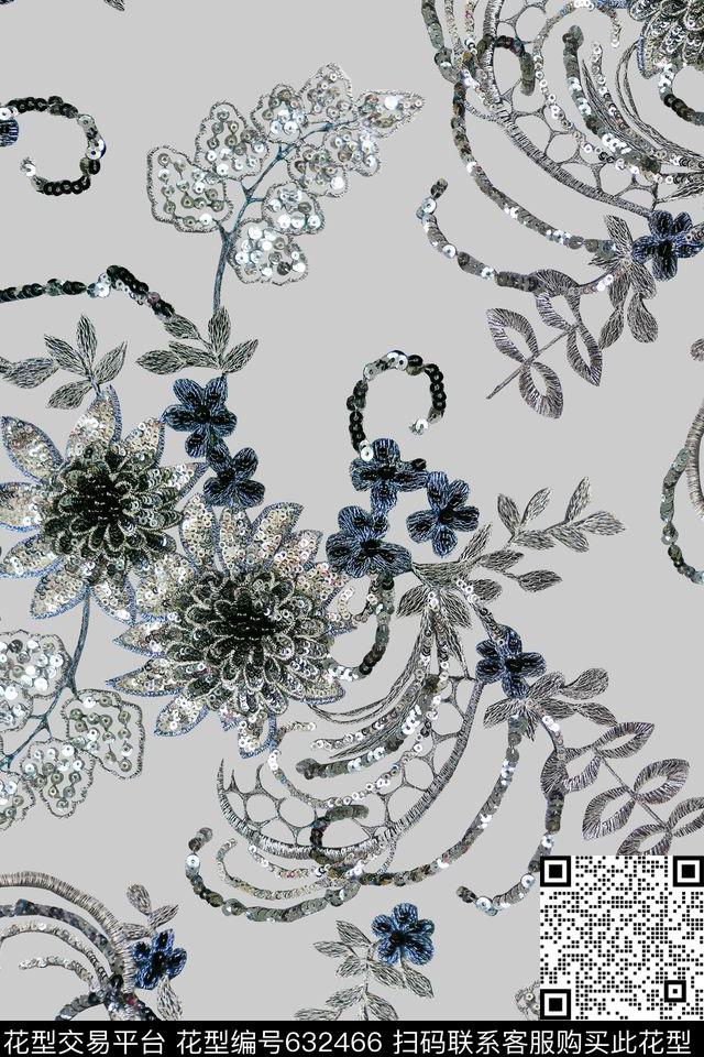 绣花花卉珠片数码印花华亿平台下载（图片编号: 632466） - 瓦栏（Walan）