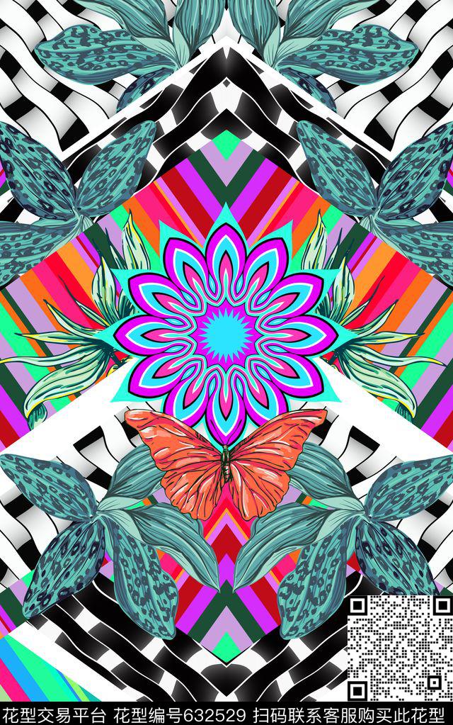 几何混搭热带植物条纹数码印花华亿平台下载（图片编号: 632529） - 瓦栏（Walan）