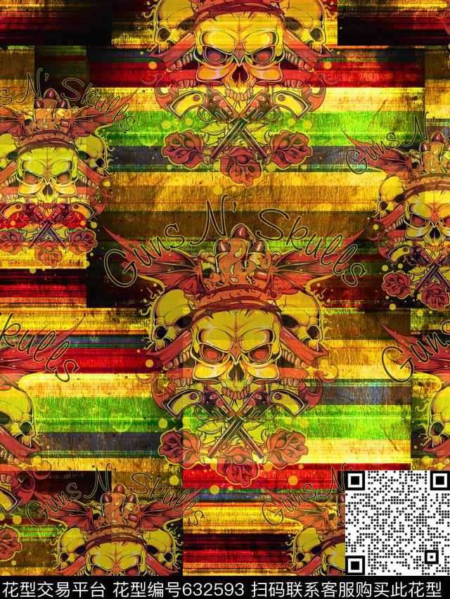 复古、玫瑰骷髅头数码印花华亿平台下载（图片编号: 632593） - 瓦栏（Walan）