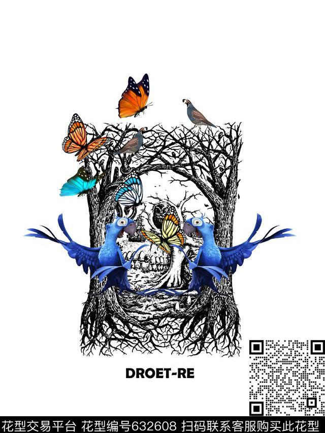 树枝鸟男装T恤数码印花华亿平台下载（图片编号: 632608） - 瓦栏（Walan）