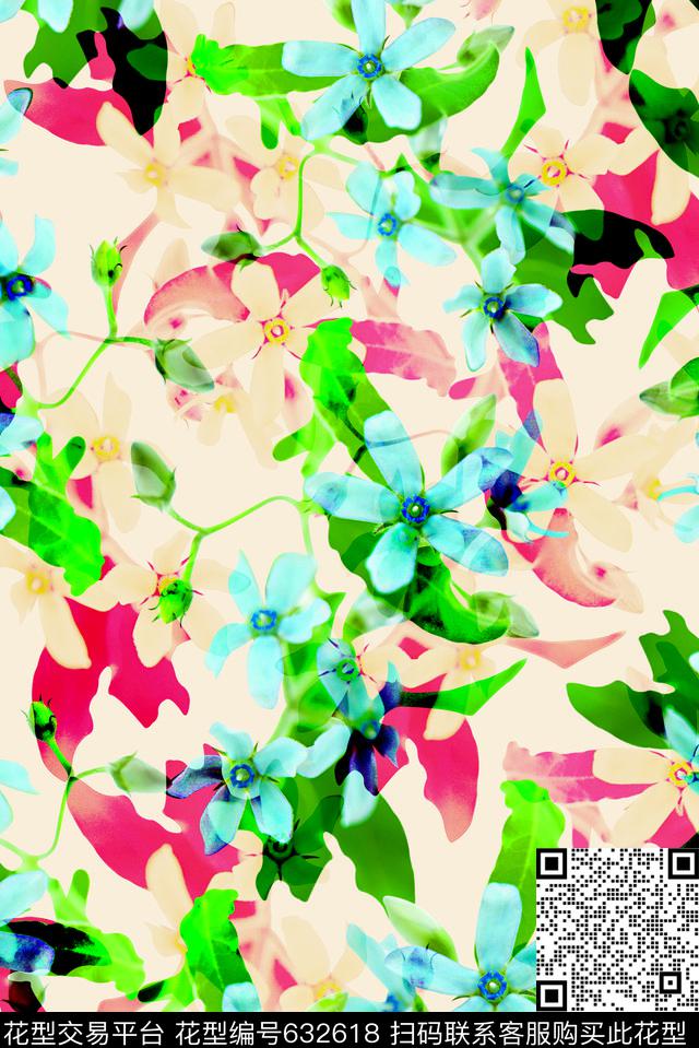 时尚抽象3D植物花卉数码印花时尚流行设计女装裙子服装印花时尚大牌清爽春夏印花数码印花华亿平台下载（图片编号: 632618） - 瓦栏（Walan）