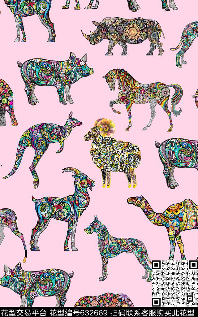 动物名族风多彩彩绘数码印花华亿平台下载（图片编号: 632669） - 瓦栏（Walan）
