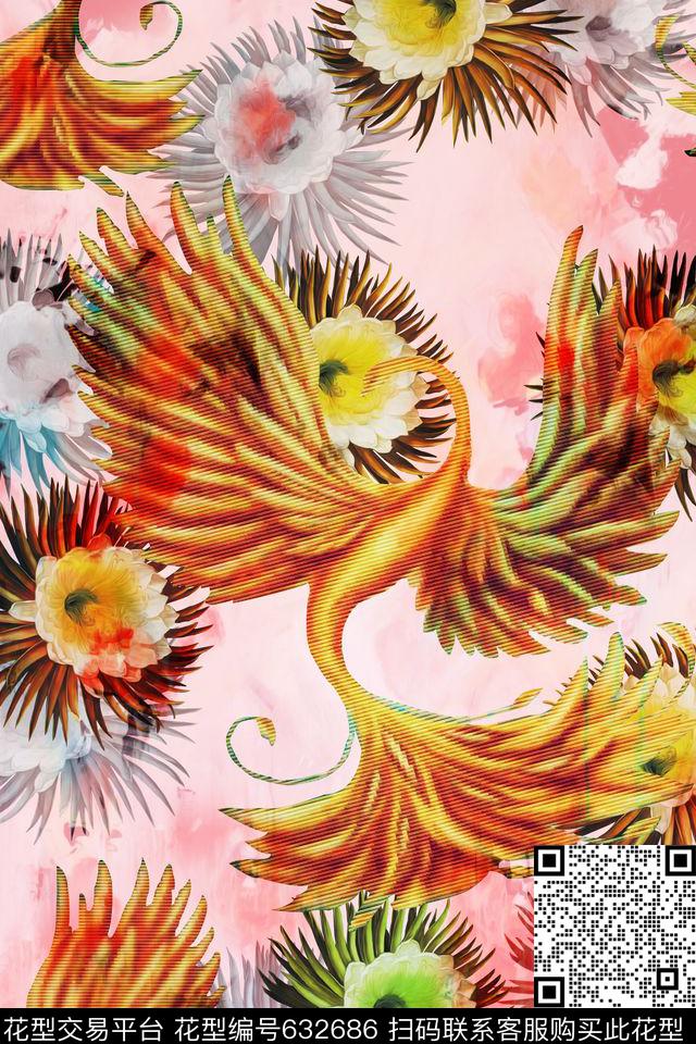 水彩花鸟。花卉服装数码印花华亿平台下载（图片编号: 632686） - 瓦栏（Walan）
