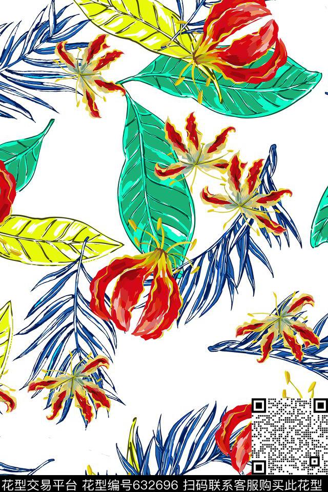 流行时尚花卉棕榈叶传统印花华亿平台下载（图片编号: 632696） - 瓦栏（Walan）