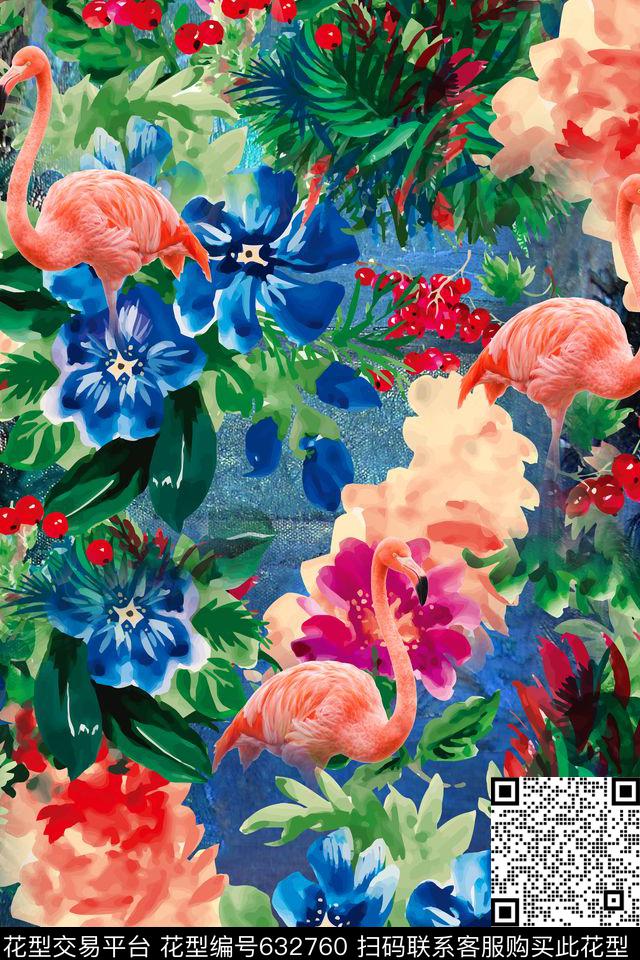 火烈鸟热带花卉数码印花华亿平台下载（图片编号: 632760） - 瓦栏（Walan）