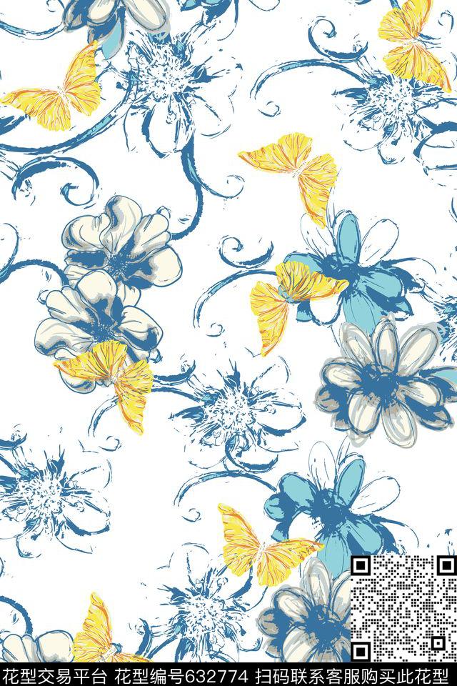 流行时尚花卉笔触传统印花华亿平台下载（图片编号: 632774） - 瓦栏（Walan）
